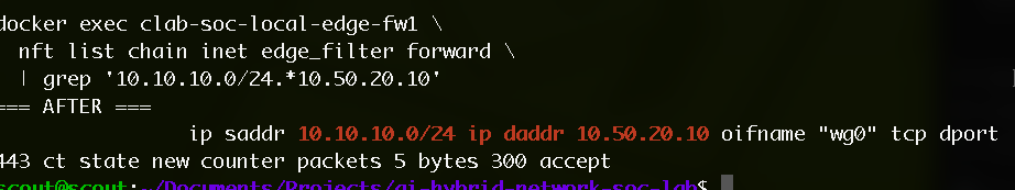 Confirming firewall decisions with counters — lab screenshot 2